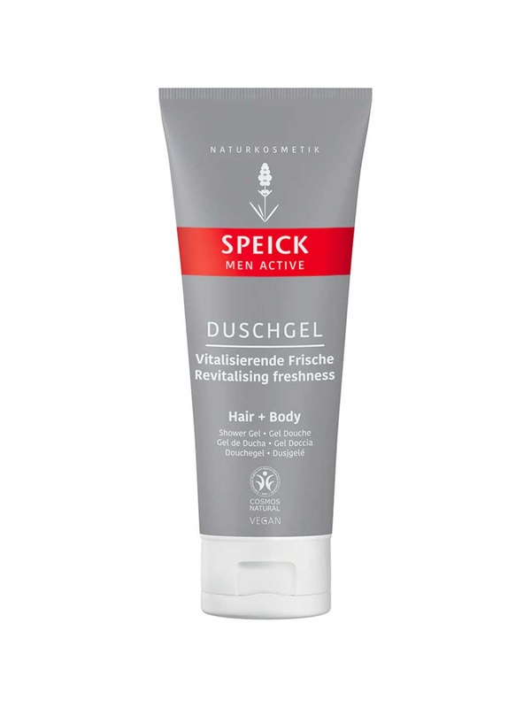 Speick Men Active Shower Gel 200ml is a vegan 2-in-1 hair and body wash with a plant-based formula, providing vitalising freshness. In a gray and red tube, it's labeled in English and German, and made in Germany.