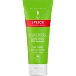 A green tube of Speick Men Natural Active Shower Gel 200ml for hair and body, with German and English text and a red label. This mild, vegan shower gel offers plant-based, gentle freshness.