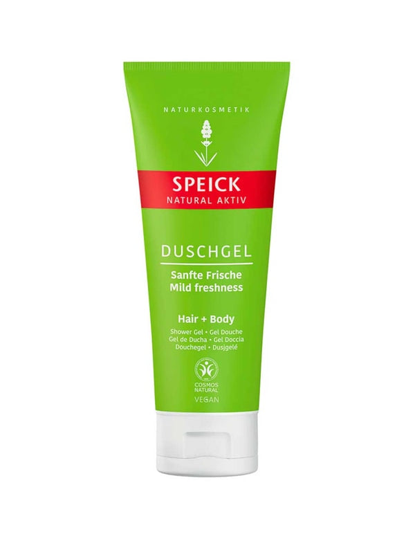 A green tube of Speick Men Natural Active Shower Gel 200ml for hair and body, with German and English text and a red label. This mild, vegan shower gel offers plant-based, gentle freshness.