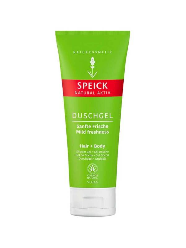 A green tube of Speick Men Natural Active Shower Gel 200ml for hair and body, with German and English text and a red label. This mild, vegan shower gel offers plant-based, gentle freshness.