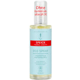 A bottle of Speick Thermal Sensitive Deo Spray with a light blue label and red accents. This vegan, aluminium-free deodorant for sensitive skin contains thermal water. The cap states "Ohne Aluminiumsalze (ACH)" in German.