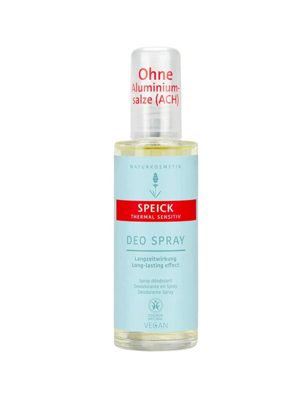 A bottle of Speick Thermal Sensitive Deo Spray with a light blue label and red accents. This vegan, aluminium-free deodorant for sensitive skin contains thermal water. The cap states "Ohne Aluminiumsalze (ACH)" in German.