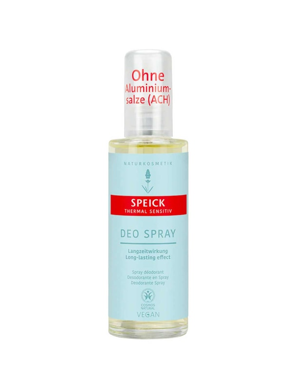 A bottle of Speick Thermal Sensitive Deo Spray with a light blue label and red accents. This vegan, aluminium-free deodorant for sensitive skin contains thermal water. The cap states "Ohne Aluminiumsalze (ACH)" in German.