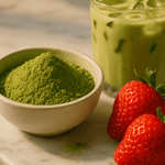 Tropeaka Strawberry Matcha Powder with fresh strawberries