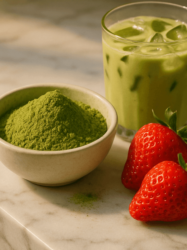Tropeaka Strawberry Matcha Powder with fresh strawberries
