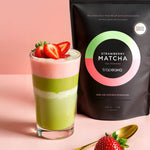 Strawberry matcha latte made with Tropeaka Strawberry Matcha Powder