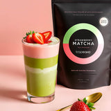 Strawberry matcha latte made with Tropeaka Strawberry Matcha Powder