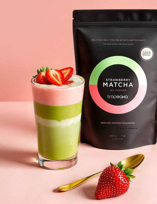 Strawberry matcha latte made with Tropeaka Strawberry Matcha Powder
