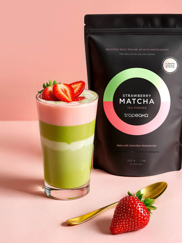 Strawberry matcha latte made with Tropeaka Strawberry Matcha Powder