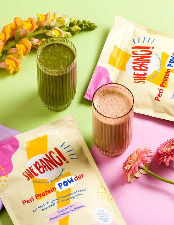 She BANG! Vanilla Peri Protein POWder styled with green smoothie ingredients