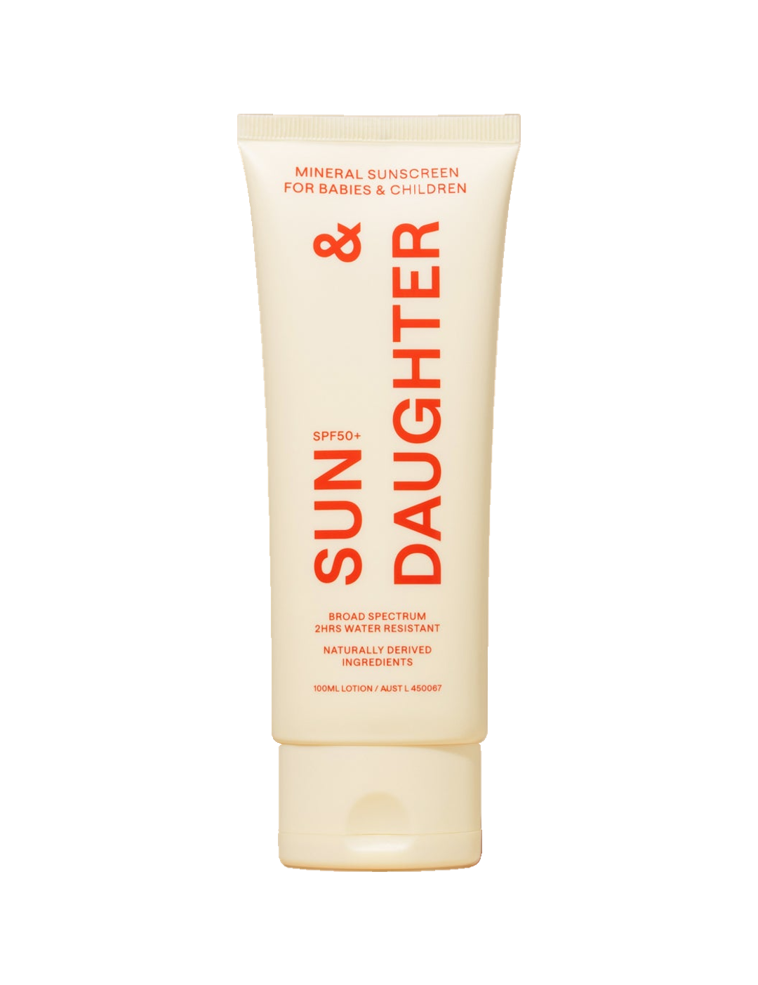 Front of the ivory Sun & Daughter SPF50 Mineral Sunscreen for Babies & Children 100ml tube, with red vertical lettering and a matching ivory flip-top cap, centred on a plain white background.