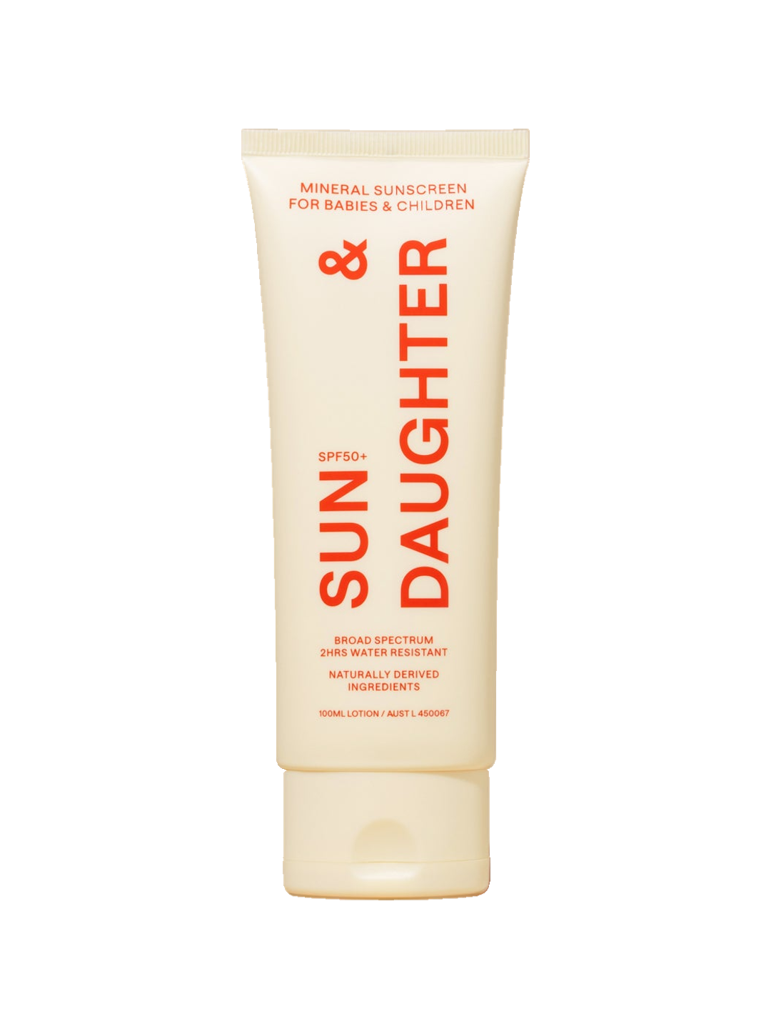 Front of the ivory Sun & Daughter SPF50 Mineral Sunscreen for Babies & Children 100ml tube, with red vertical lettering and a matching ivory flip-top cap, centred on a plain white background.