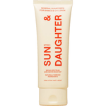 Front of the ivory Sun & Daughter SPF50 Mineral Sunscreen for Babies & Children 100ml tube, with red vertical lettering and a matching ivory flip-top cap, centred on a plain white background.