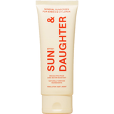 Front of the ivory Sun & Daughter SPF50 Mineral Sunscreen for Babies & Children 100ml tube, with red vertical lettering and a matching ivory flip-top cap, centred on a plain white background.
