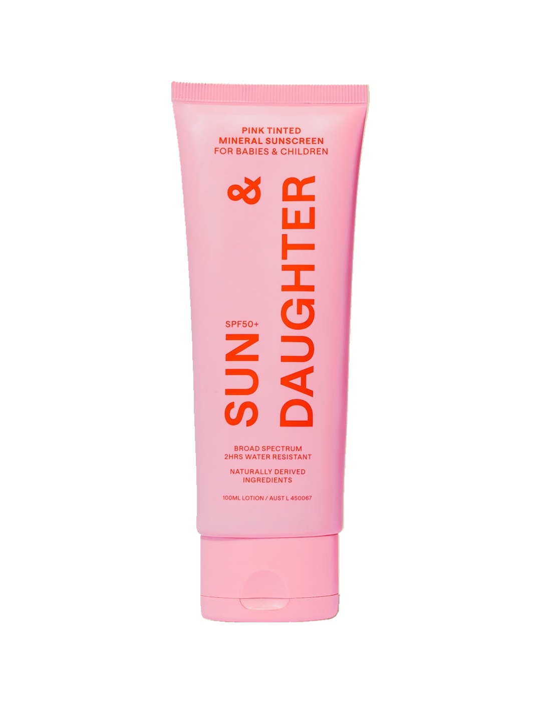 Front of the pink Sun & Daughter Pink Mineral Sunscreen SPF50 100ml tube, with red vertical lettering and a matching pink flip-top cap, centred on a plain white background.