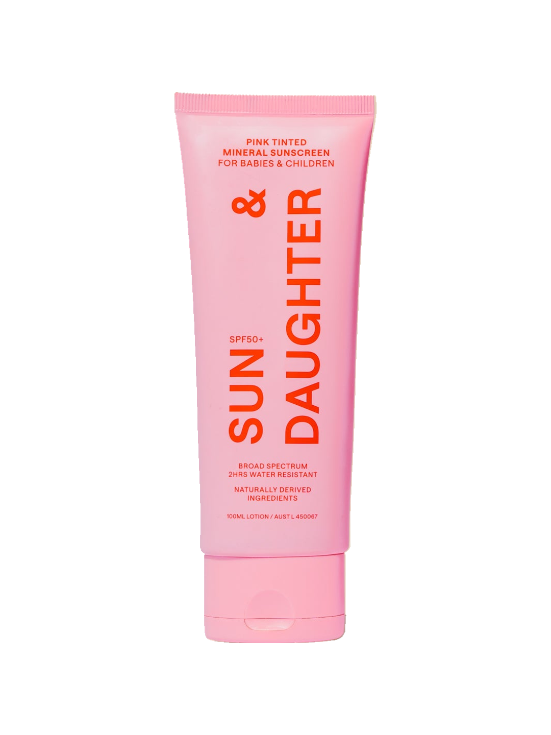 Front of the pink Sun & Daughter Pink Mineral Sunscreen SPF50 100ml tube, with red vertical lettering and a matching pink flip-top cap, centred on a plain white background.