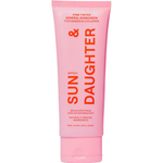 Front of the pink Sun & Daughter Pink Mineral Sunscreen SPF50 100ml tube, with red vertical lettering and a matching pink flip-top cap, centred on a plain white background.