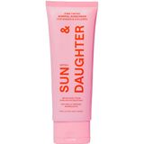 Front of the pink Sun & Daughter Pink Mineral Sunscreen SPF50 100ml tube, with red vertical lettering and a matching pink flip-top cap, centred on a plain white background.
