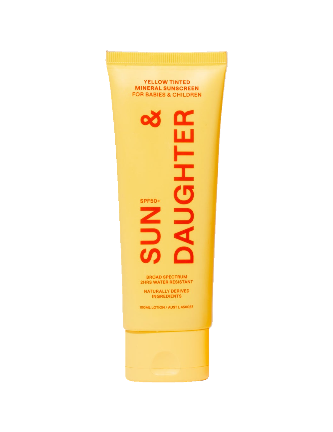 Front of the yellow Sun & Daughter Yellow Mineral Sunscreen SPF50 100ml tube, with red vertical lettering and a matching yellow flip-top cap, centred on a plain white background.