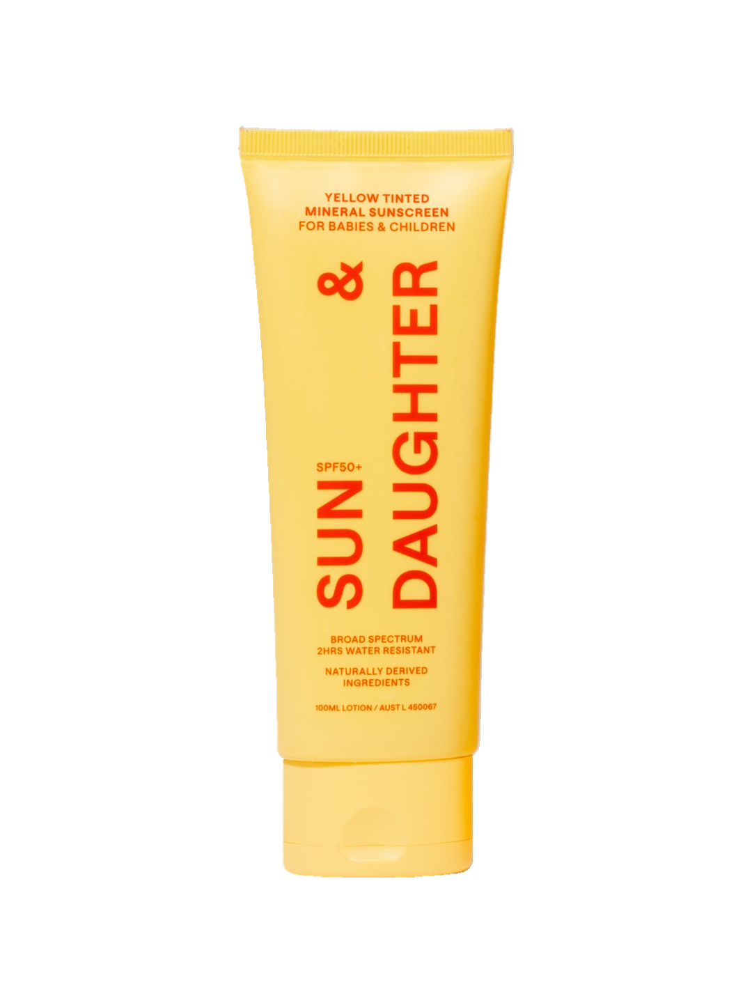 Front of the yellow Sun & Daughter Yellow Mineral Sunscreen SPF50 100ml tube, with red vertical lettering and a matching yellow flip-top cap, centred on a plain white background.