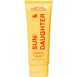 Front of the yellow Sun & Daughter Yellow Mineral Sunscreen SPF50 100ml tube, with red vertical lettering and a matching yellow flip-top cap, centred on a plain white background.