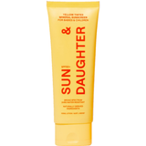 Front of the yellow Sun & Daughter Yellow Mineral Sunscreen SPF50 100ml tube, with red vertical lettering and a matching yellow flip-top cap, centred on a plain white background.