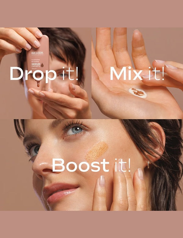 Weleda Sunkissed Bronzing Serum Booster Drops used directly, mixed with moisturiser and shown as a bronzy glow on skin