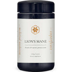 A black jar of Superfeast Lion's Mane 100g Powder, a medicinal mushroom dietary supplement for brain-boosting, cognitive performance, and nerve protection. The label features gold and black text on white.