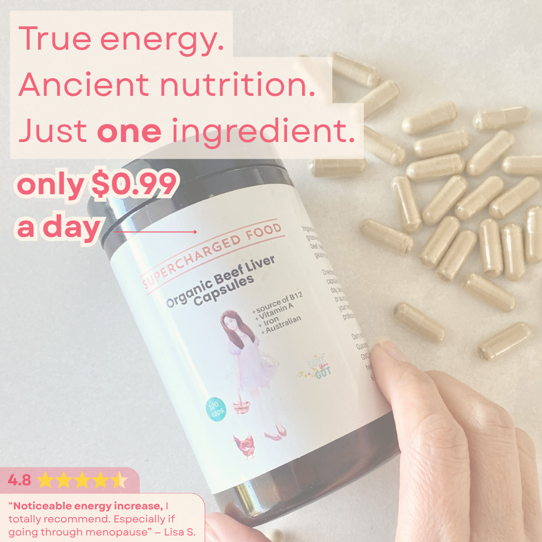Organic Beef Liver Capsules held beside the capsules on the official product page
