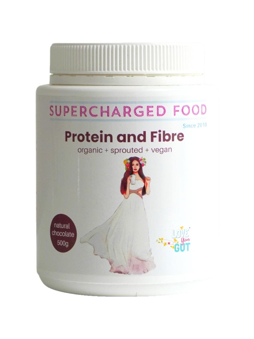 Supercharged Food Love Your Gut Organic Chocolate Protein and Fibre Powder 500g — front pack shot on white