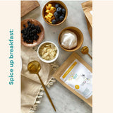 Golden Gut blend styled with breakfast ingredients on the official Supercharged Food product page