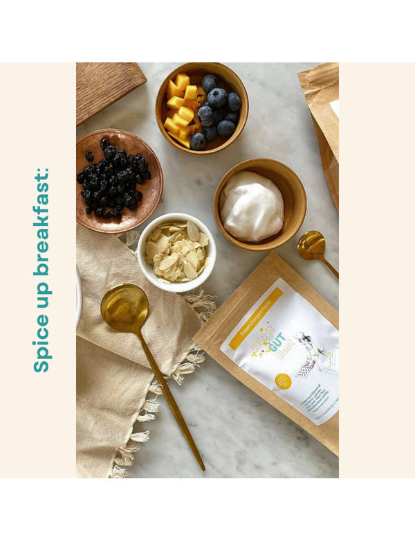 Golden Gut blend styled with breakfast ingredients on the official Supercharged Food product page