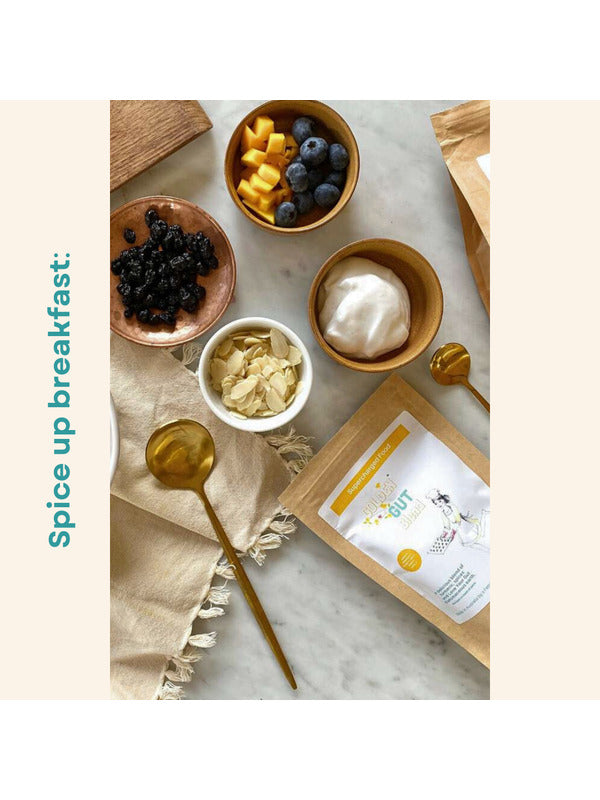 Golden Gut blend styled with breakfast ingredients on the official Supercharged Food product page