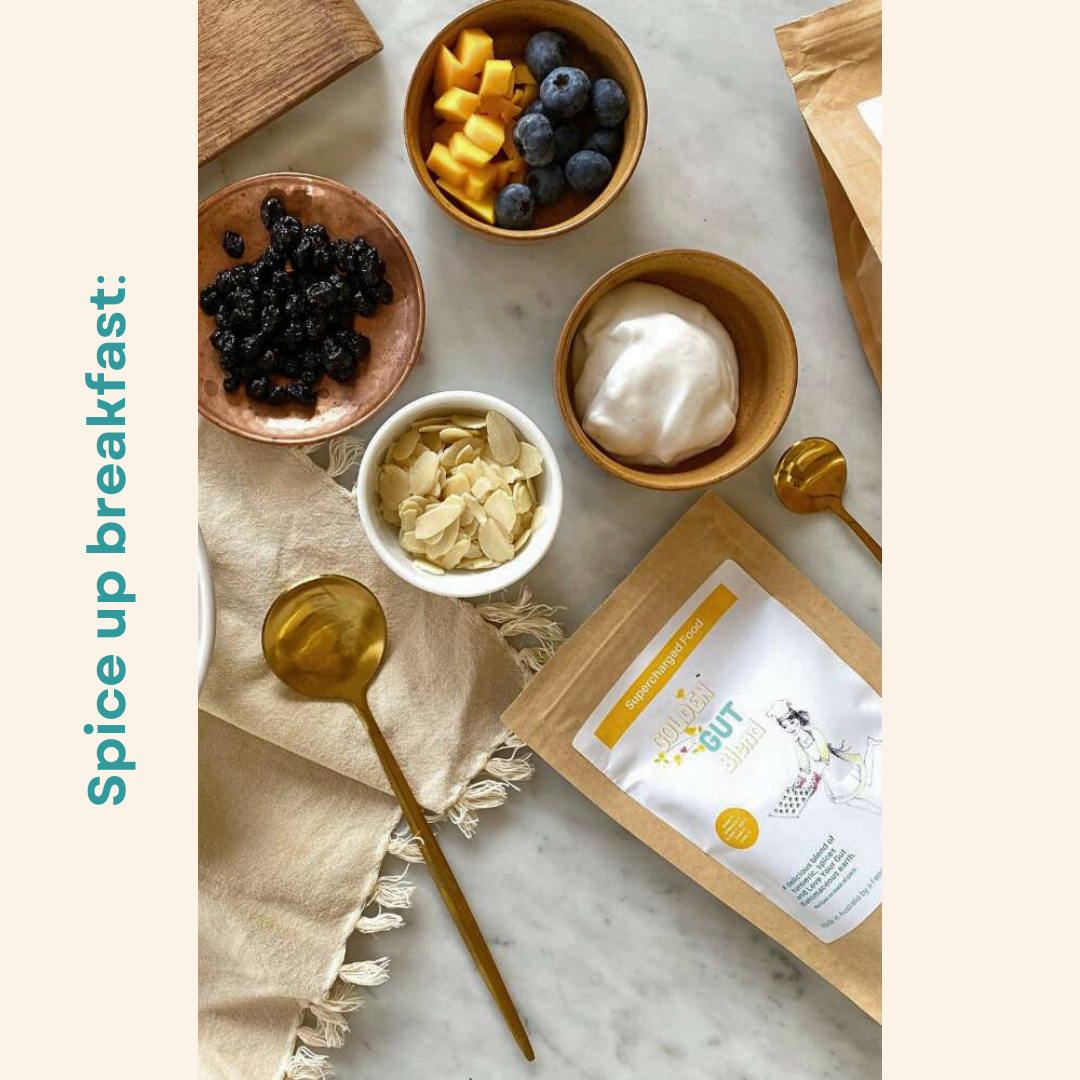 Golden Gut blend styled with breakfast ingredients on the official Supercharged Food product page