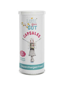 A cylindrical container labeled Supercharged Food Love Your Gut Capsules 120 caps features colorful text, a smiling figure made of kitchen utensils, and the phrase "Supercharged Food" at the bottom to support digestive wellness.