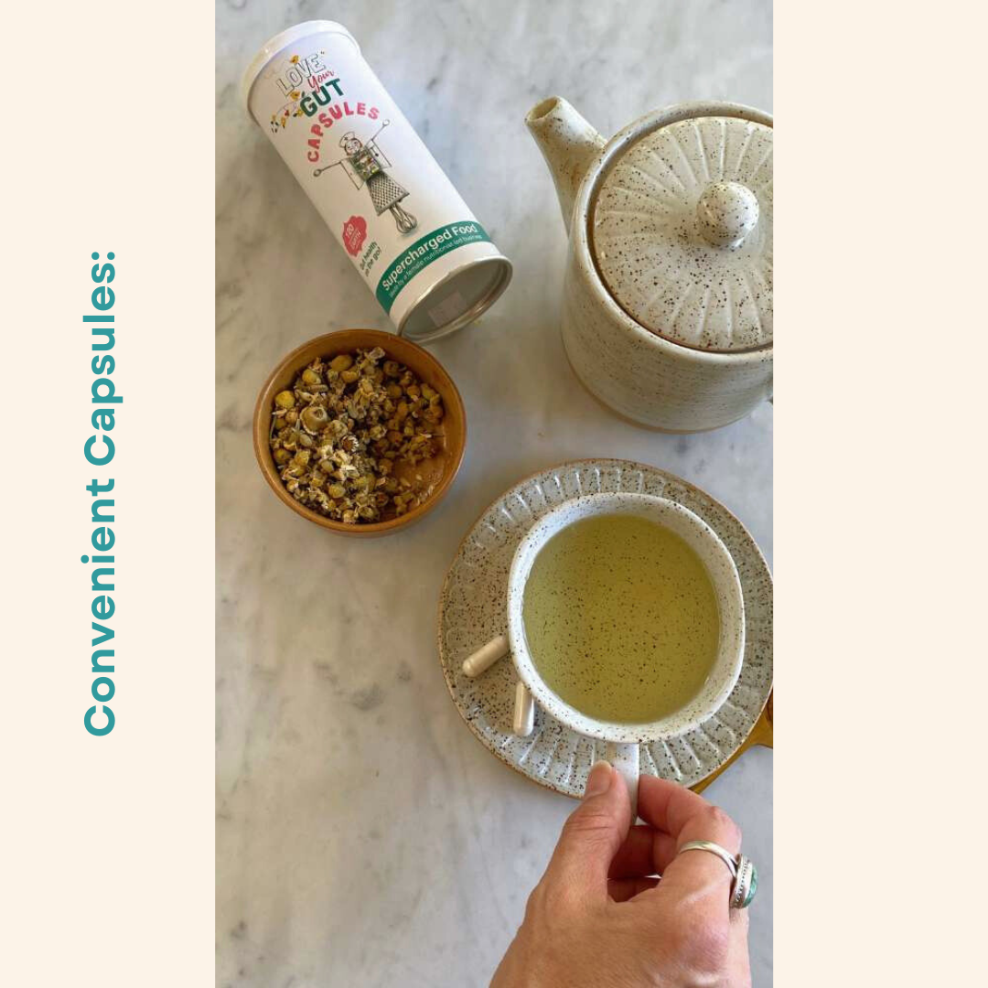 Love Your Gut Capsules beside herbal tea on the official Supercharged Food product page