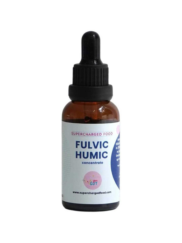 A brown glass dropper bottle labeled Supercharged Food Love Your Gut Fulvic Humic Concentrate 60ml with a black cap, designed to support gut health and microbiome balance, stands against a plain white background.