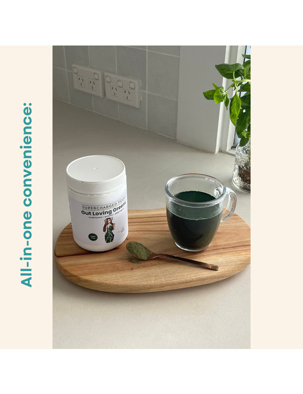 Love Your Gut Greens prepared as a drink on the official product page