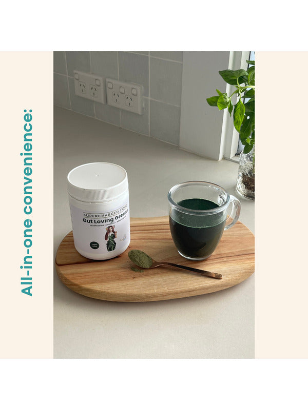 Love Your Gut Greens prepared as a drink on the official product page