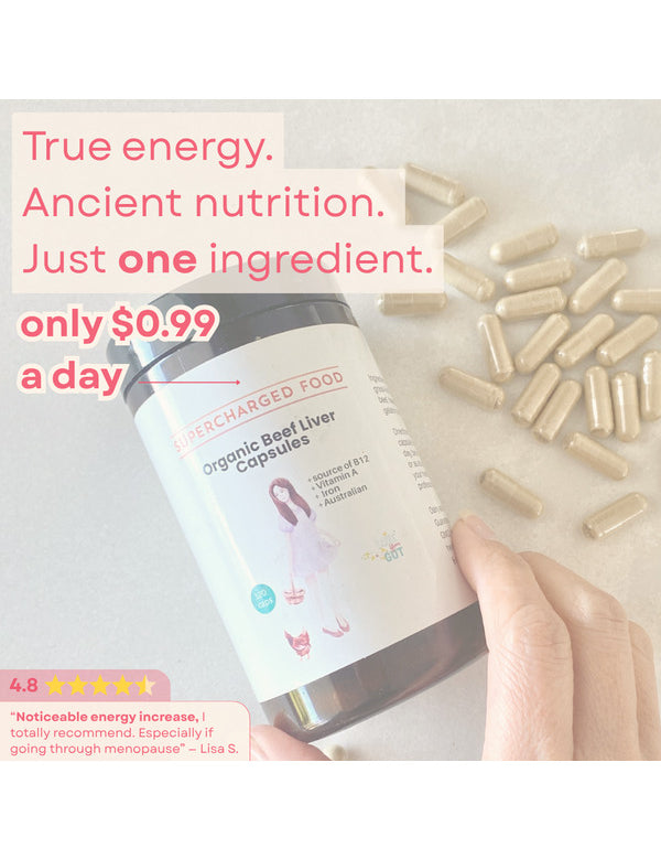 Organic Beef Liver Capsules held beside the capsules on the official product page