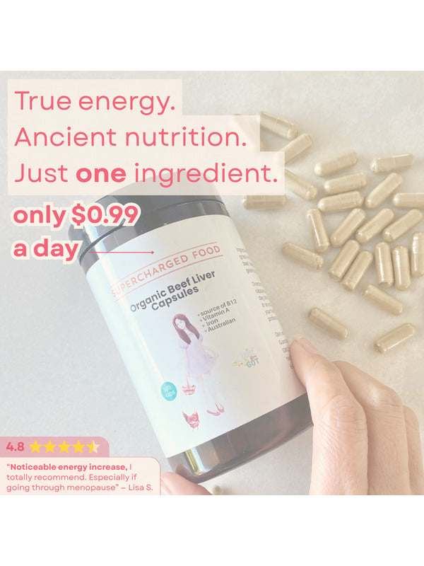 Organic Beef Liver Capsules held beside the capsules on the official product page
