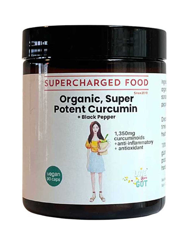 Supercharged Food Curcumin and Black Pepper 90 capsule tub on a white background