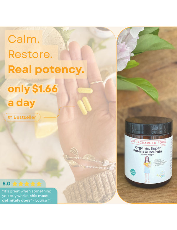 Super Potent Curcumin capsules shown in hand with the product