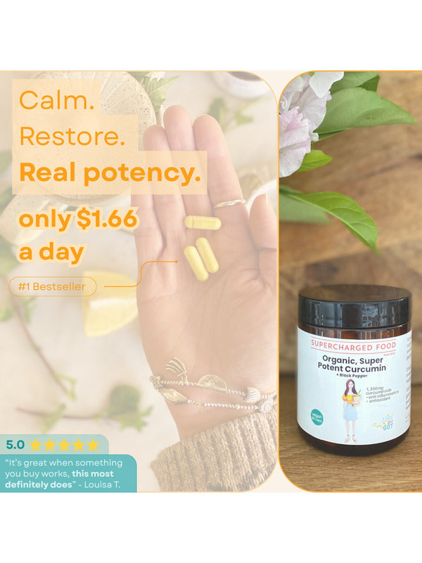 Super Potent Curcumin capsules shown in hand with the product