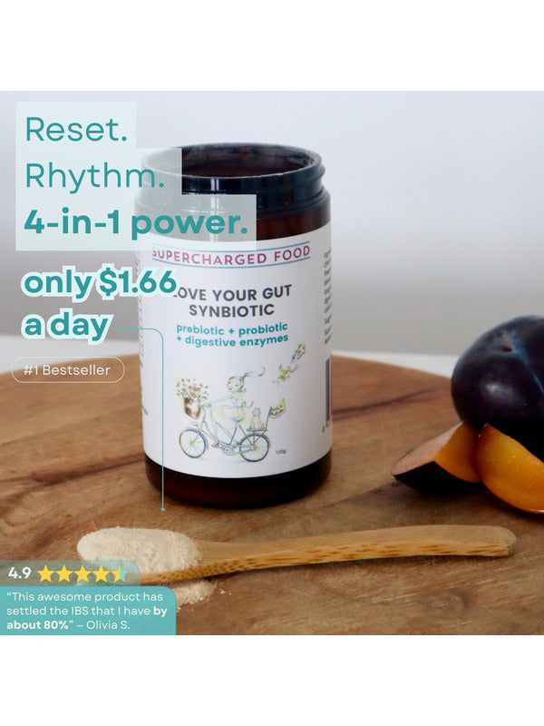 Love Your Gut Synbiotic styled with fruit and serving spoon on the official product page