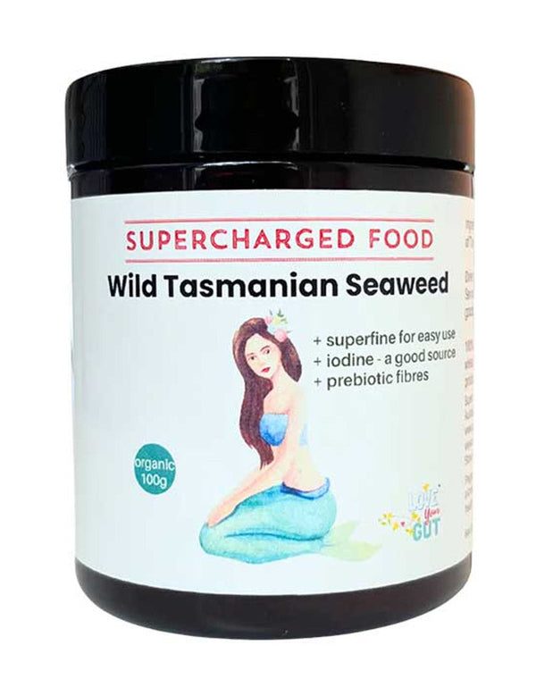 Supercharged Food Wild Tasmanian Seaweed 100g tub on a white background