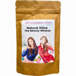 A brown resealable pouch labeled Supercharged Food Natural Silica The Beauty Mineral Vegan Collagen Support 90g, with two women and icons, promotes hair, skin, and nail health as a vegan collagen supplement.