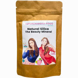 A brown resealable pouch labeled Supercharged Food Natural Silica The Beauty Mineral Vegan Collagen Support 90g, with two women and icons, promotes hair, skin, and nail health as a vegan collagen supplement.
