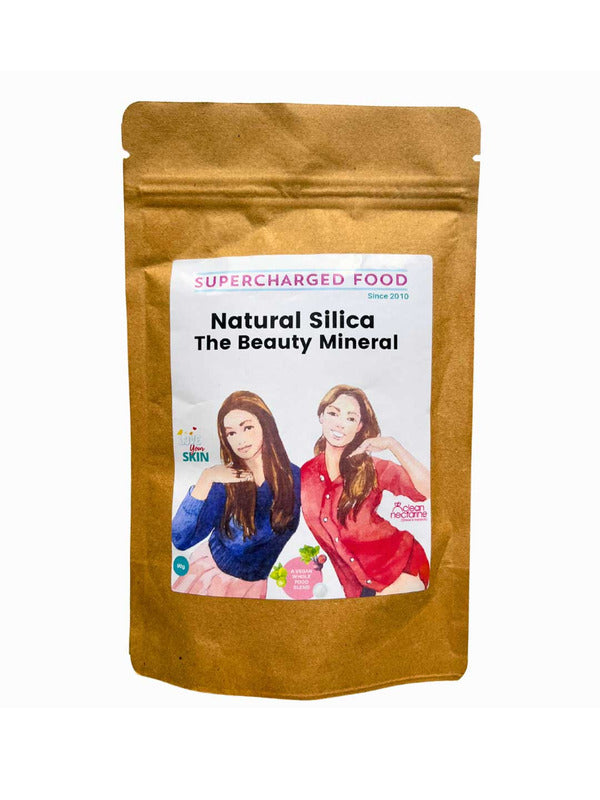 A brown resealable pouch labeled Supercharged Food Natural Silica The Beauty Mineral Vegan Collagen Support 90g, with two women and icons, promotes hair, skin, and nail health as a vegan collagen supplement.
