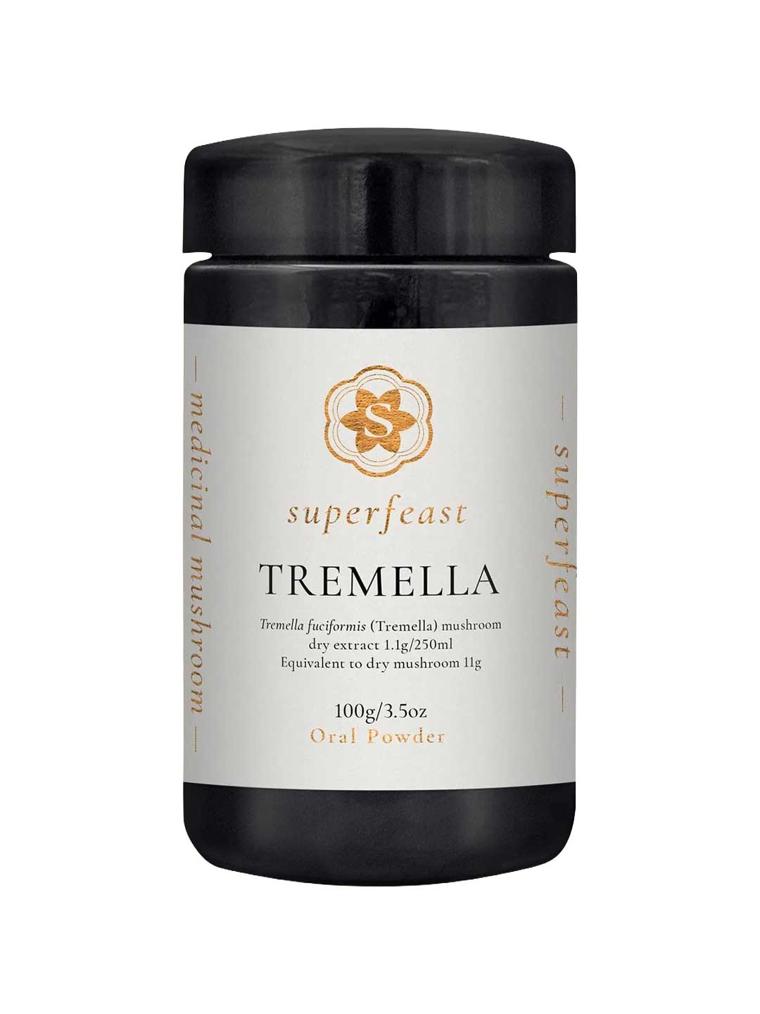 A black jar labeled Superfeast Tremella 100g features gold and white accents and "medicinal mushroom" on the side. It holds 100g of oral Tremella mushroom extract, promoted as a collagen alternative.